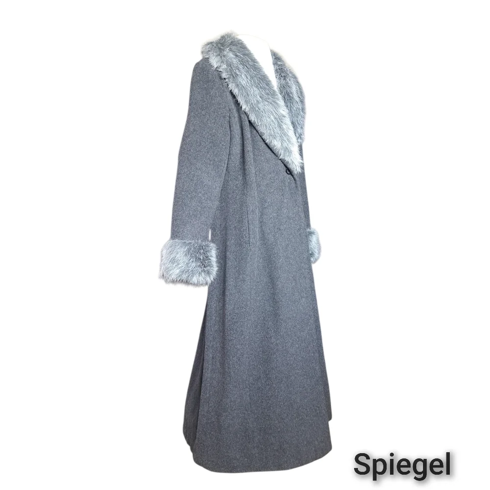 Blushe by Spiegel Grey Long Wool Coat Faux Fur Collar Cuffs Size 12 USA